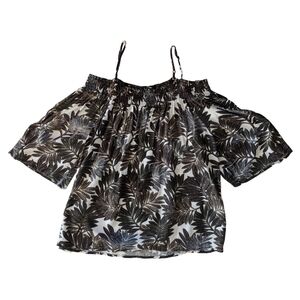 Suzy Shier Women's Large Cream‎ Green  Leaf Pattern top Stretch Cold Shoulder